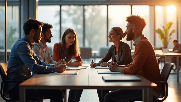 professionals collaborating around a table, discussing user stories in an open office.