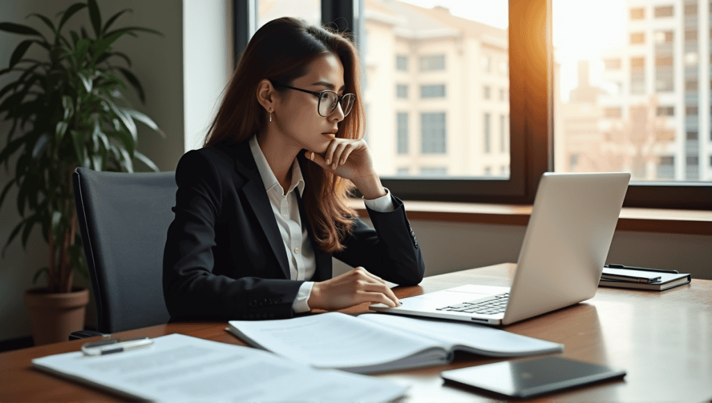 Individual in professional attire preparing for an interview at a modern desk with notes.