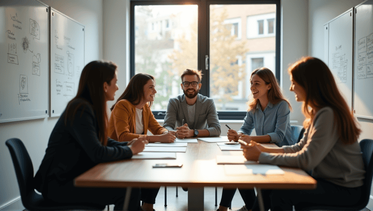 professionals in a collaborative meeting around a conference table with whiteboard sketches.