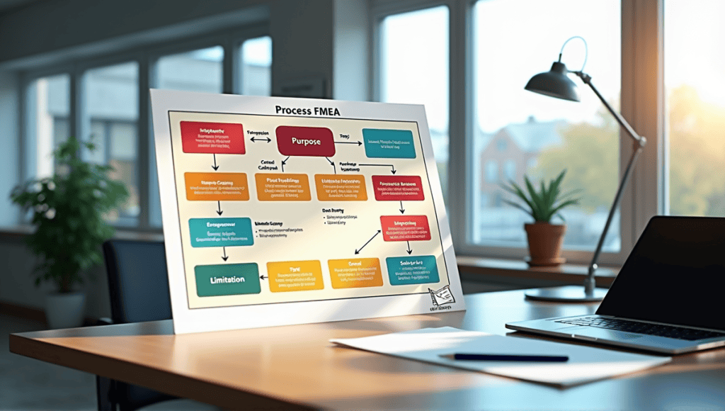 Detailed process flowchart of Process FMEA with vibrant colors in an office setting.