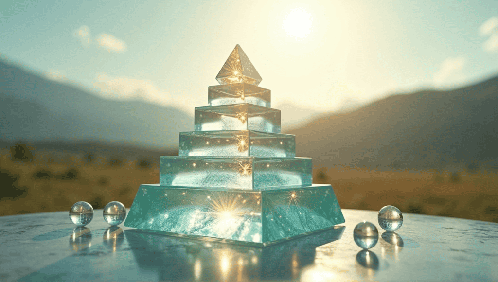 Intricate glass pyramid surrounded by glowing orbs representing short-term goals and clarity.