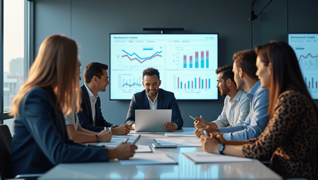 Professionals collaborating around a conference table while analyzing risk management data and tools.