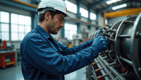 Technician in blue coveralls inspecting machinery in a modern maintenance facility with tools.