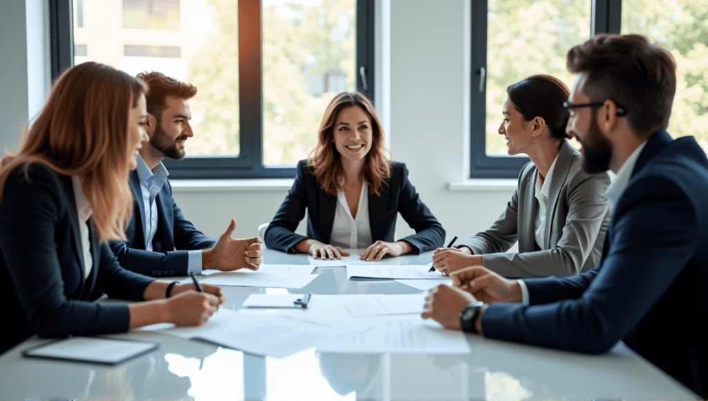 Diverse professionals collaborating in a conference room during a planning session.