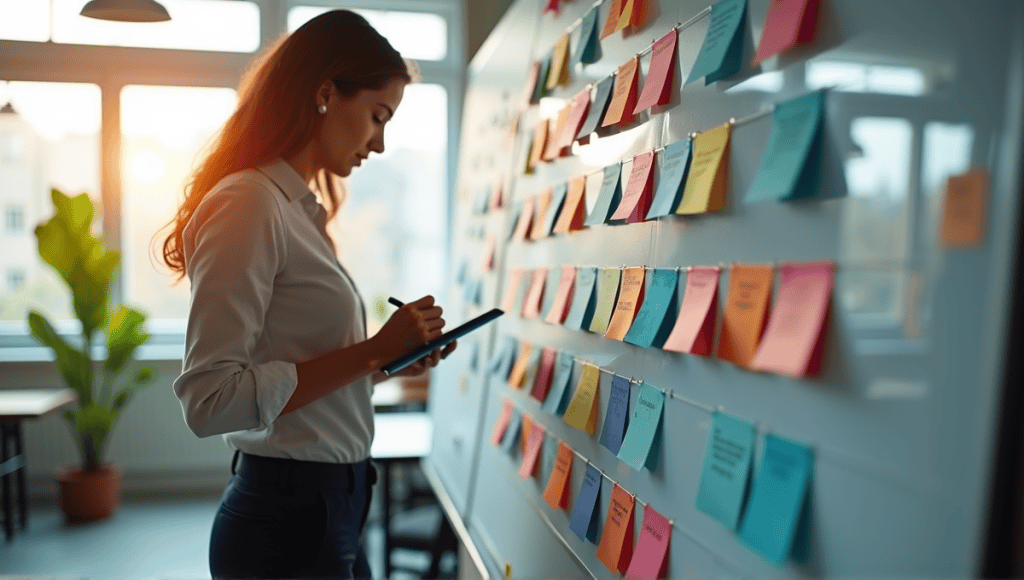 A focused professional notes near a colorful Kanban board filled with colorful task cards.