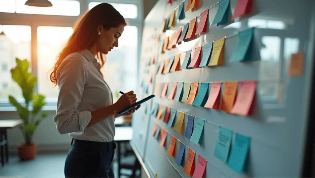 A focused professional notes near a colorful Kanban board filled with colorful task cards.