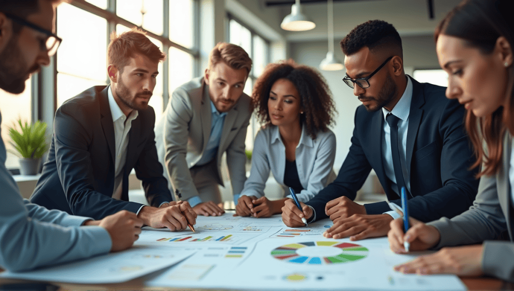 Group of professionals in business casual attire brainstorming over process improvement strategies in a modern office.