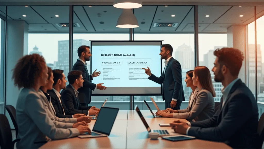 Diverse professionals in a conference room collaborate during a dynamic project kick-off meeting.