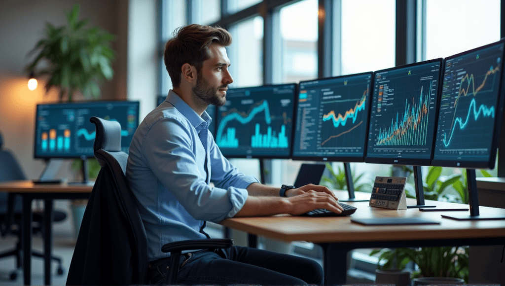 Data engineer in smart casual attire working with multiple screens displaying complex data visualizations.