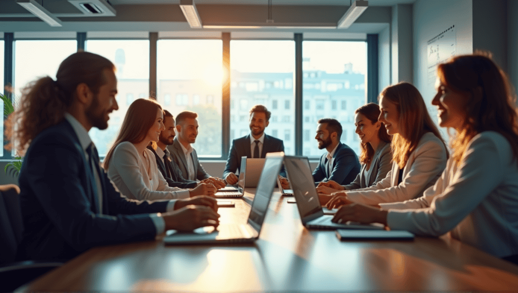 Diverse professionals in a kick-off meeting around a conference table, showcasing teamwork and collaboration.