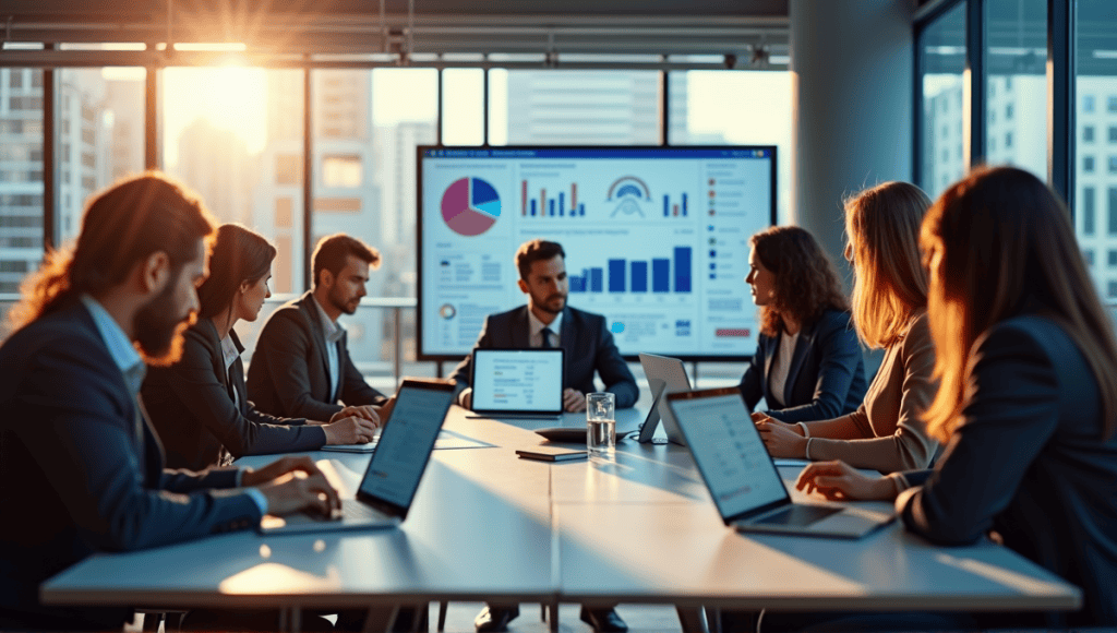 Professionals collaborating at a modern conference table with laptops and project charts.