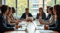 Group of professionals engaging in a leadership development workshop around a large conference table.