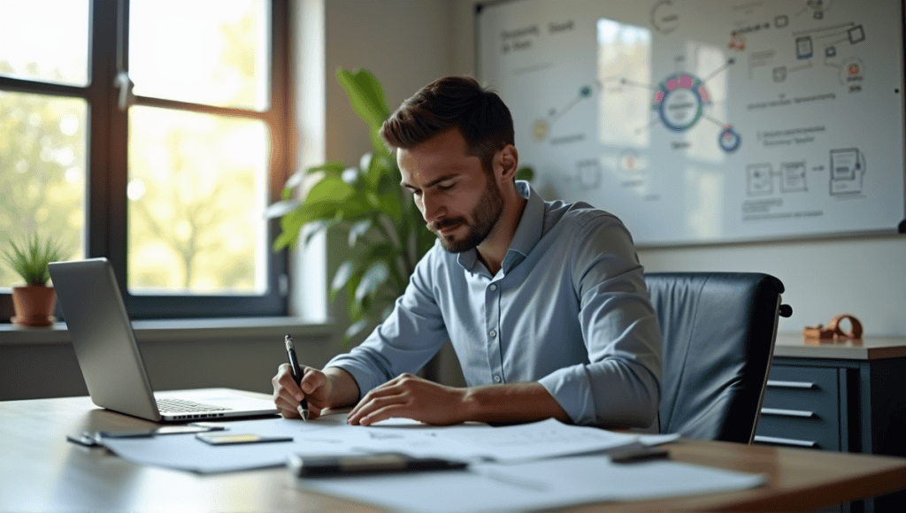 Focused professional in smart casual attire writing notes at a modern desk.