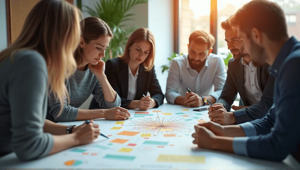 Team of professionals collaborating on spaghetti diagrams in a modern office setting.