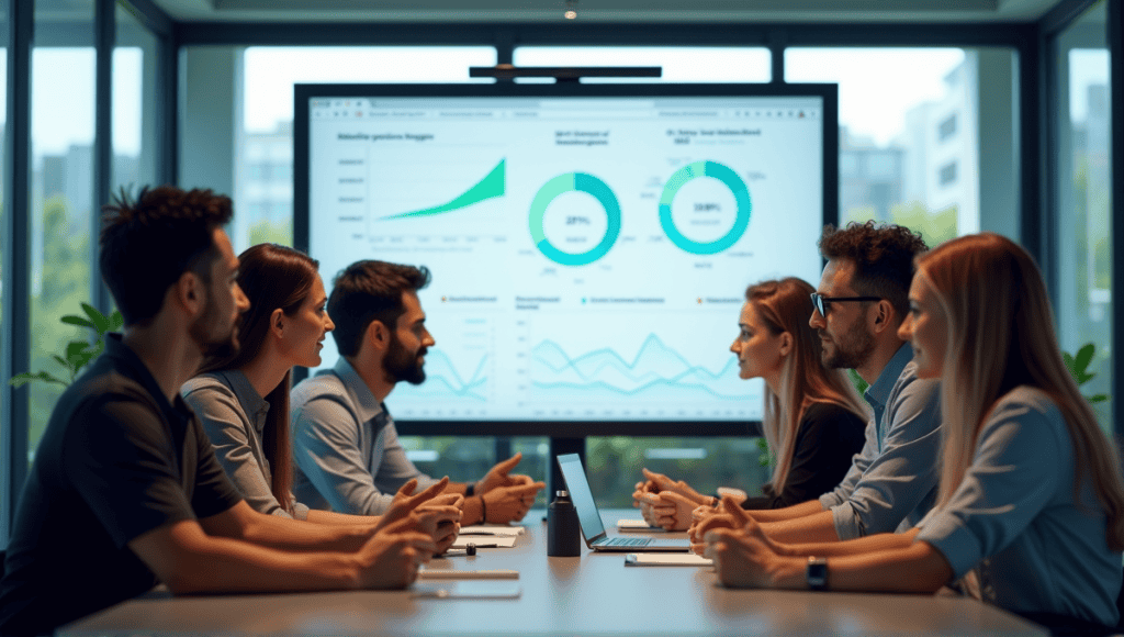 Diverse employees collaborating in a modern office, reviewing performance metrics on a screen.