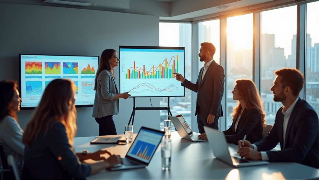 Group of professionals discussing data visualization with charts in a modern conference room.