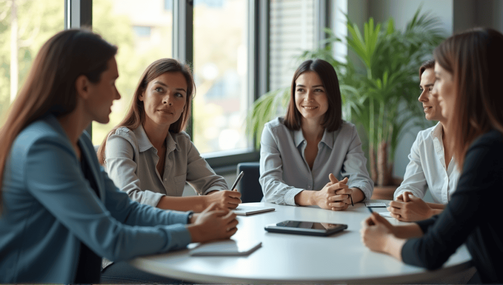 Diverse professionals engaged in a communication workshop around a modern conference table.