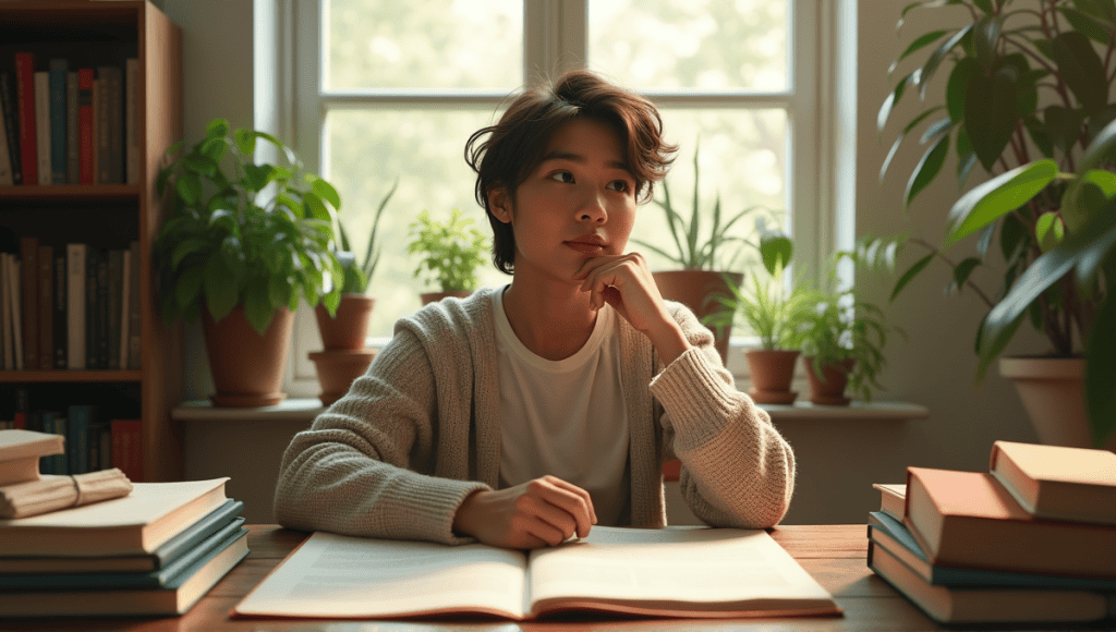 Thoughtful individual in a cozy room, surrounded by books and documents, deep in contemplation.