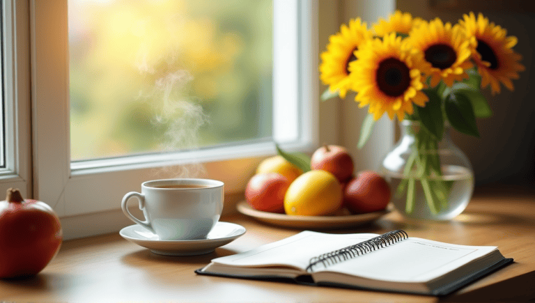 Cozy kitchen countertop with coffee cup, planner, fresh fruits, and sunflowers in sunlight.