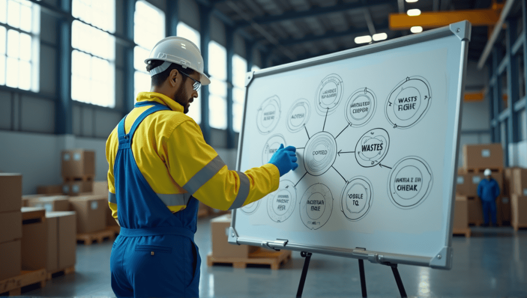 Engineer in blue overalls examines a whiteboard on Lean Manufacturing concepts in a factory.