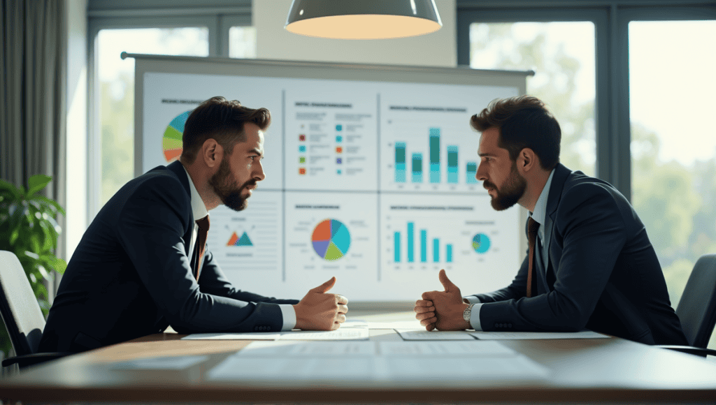 Two professionals discussing Agile and Waterfall methodologies at a modern conference table.