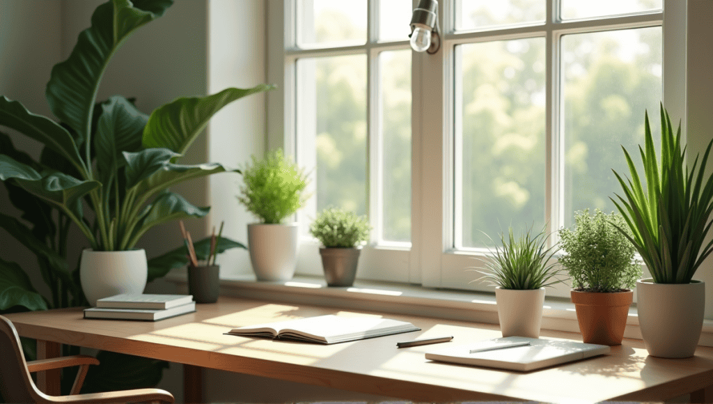 Serene workspace with a wooden desk, minimalistic supplies, and lush green plants for focus.