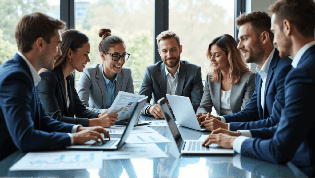  professionals reviewing charts and graphs at a conference table in a modern office.