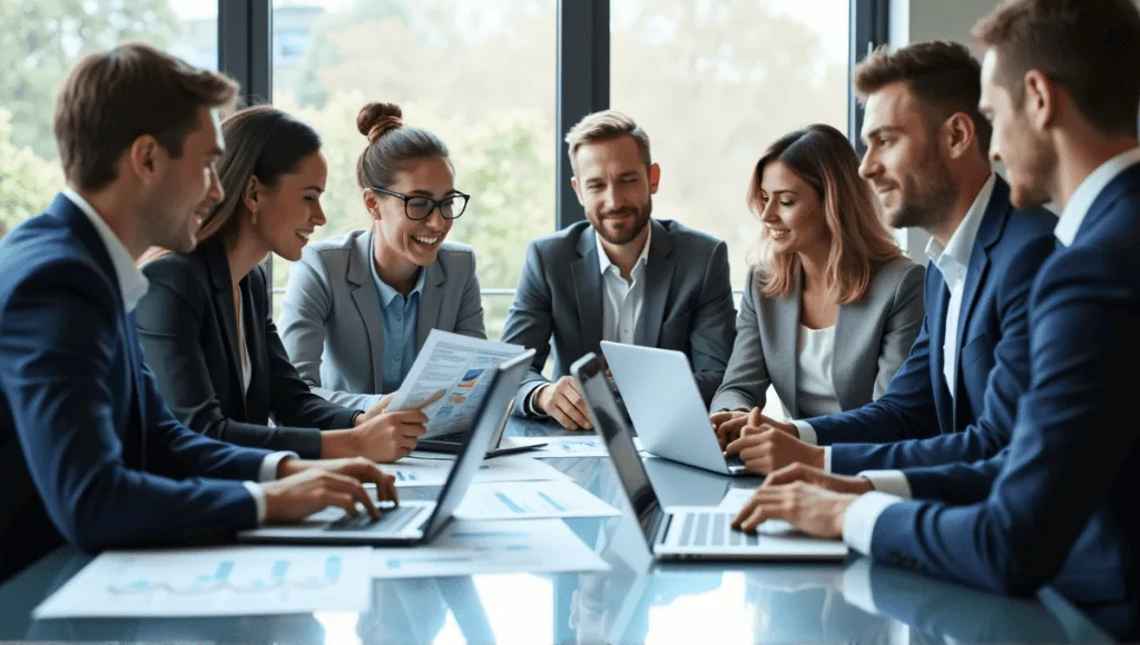 professionals reviewing charts and graphs at a conference table in a modern office.