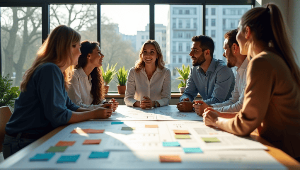 Professionals collaborating in a modern office, discussing Agile development with charts and sticky notes.