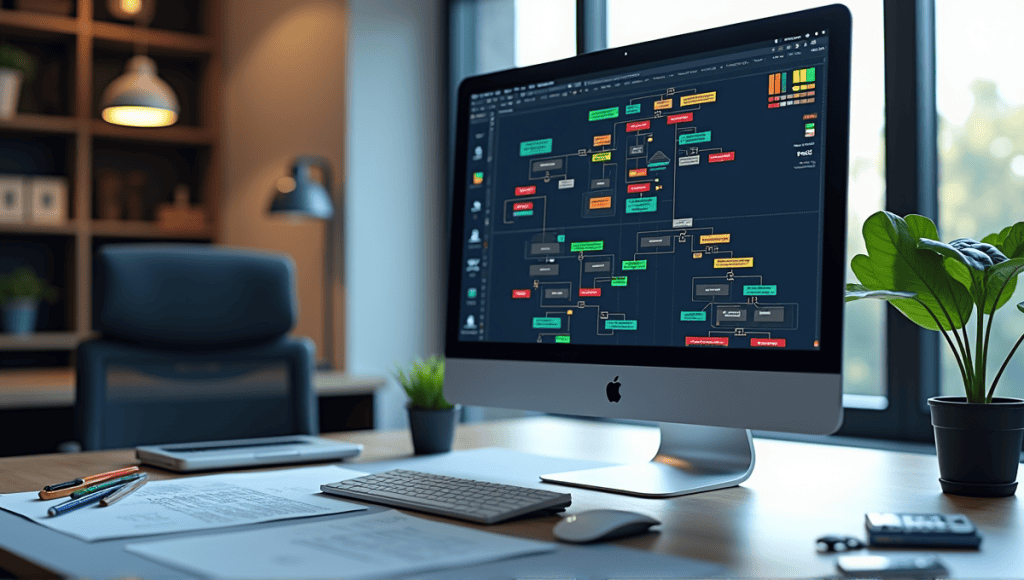 Modern computer workstation with fault tree analysis software and various analytical tools.