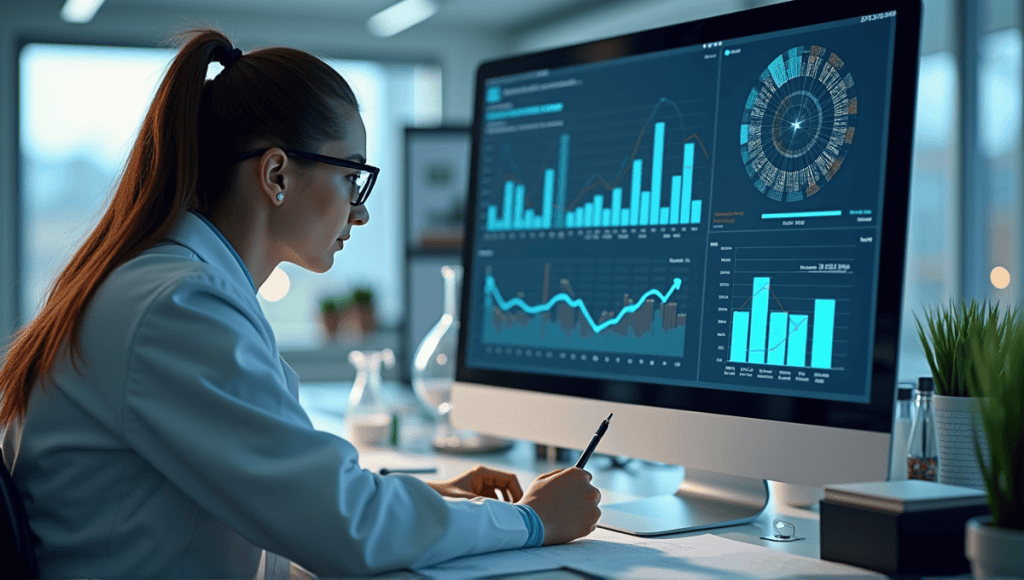 Scientist analyzing data on a digital screen in a modern laboratory setting.