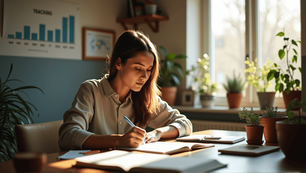 Focused individual in cozy workspace writing goals with notepad, surrounded by progress charts.