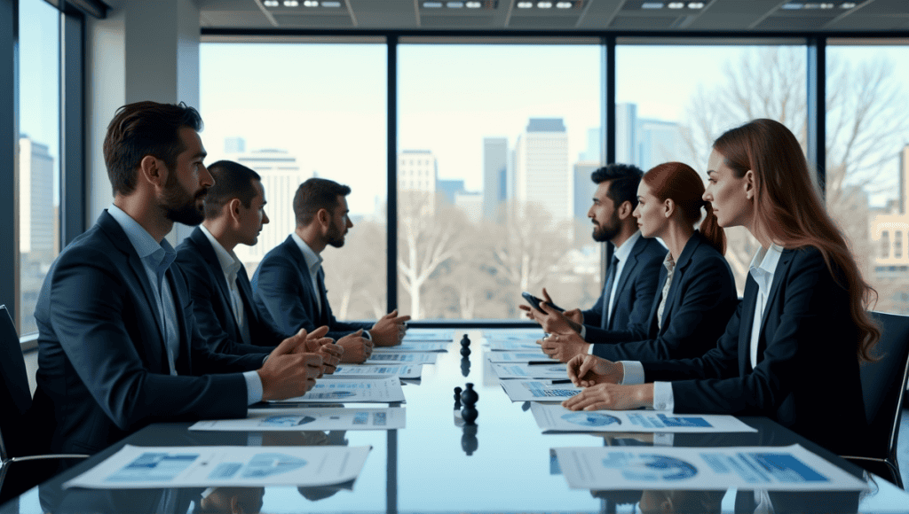 Diverse team discussing efficiency at a conference table with charts in a modern office.