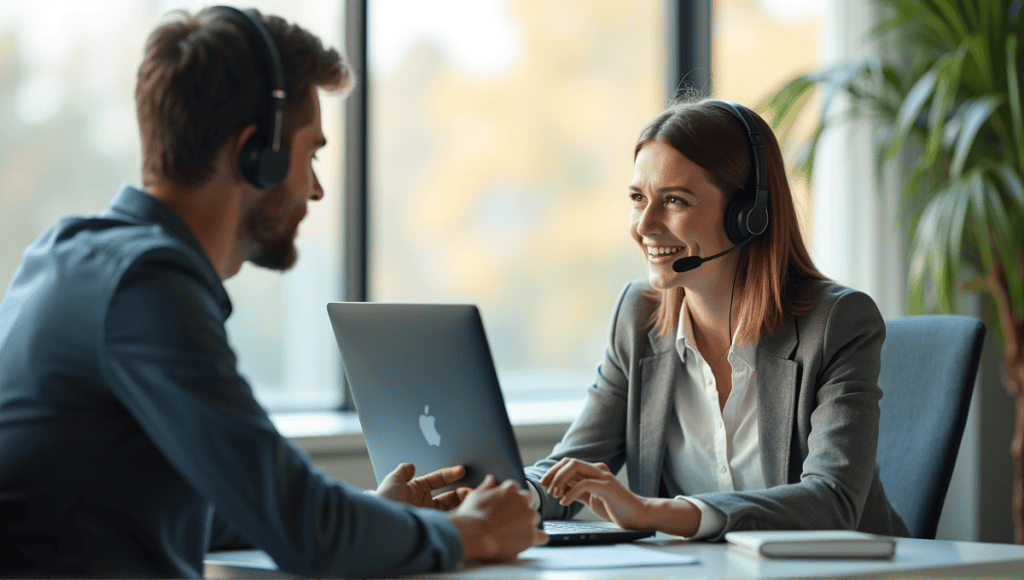 Customer service representative calmly assisting a frustrated customer in a modern office setting.