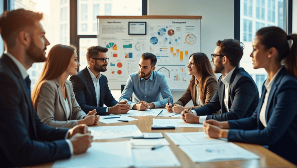 professionals brainstorming in an office, surrounded by notes and charts on development goals.