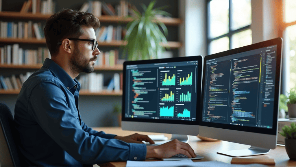 Modern data scientist reviewing code and graphs on multiple screens in a bright office.