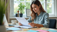 Young professional reviewing a planner, surrounded by productivity symbols in an office space.