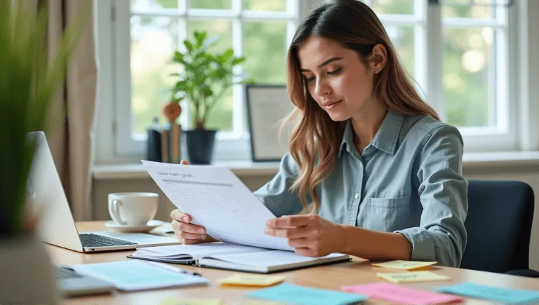 Young professional reviewing a planner, surrounded by productivity symbols in an office space.