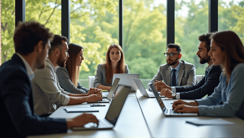 Diverse business professionals collaborating in a brainstorming session around a modern conference table.