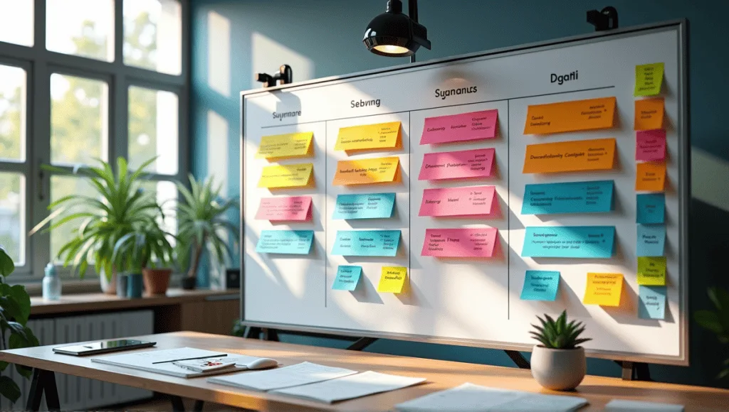 Workspace showcasing advanced Kanban techniques with colorful sticky notes and integration elements.