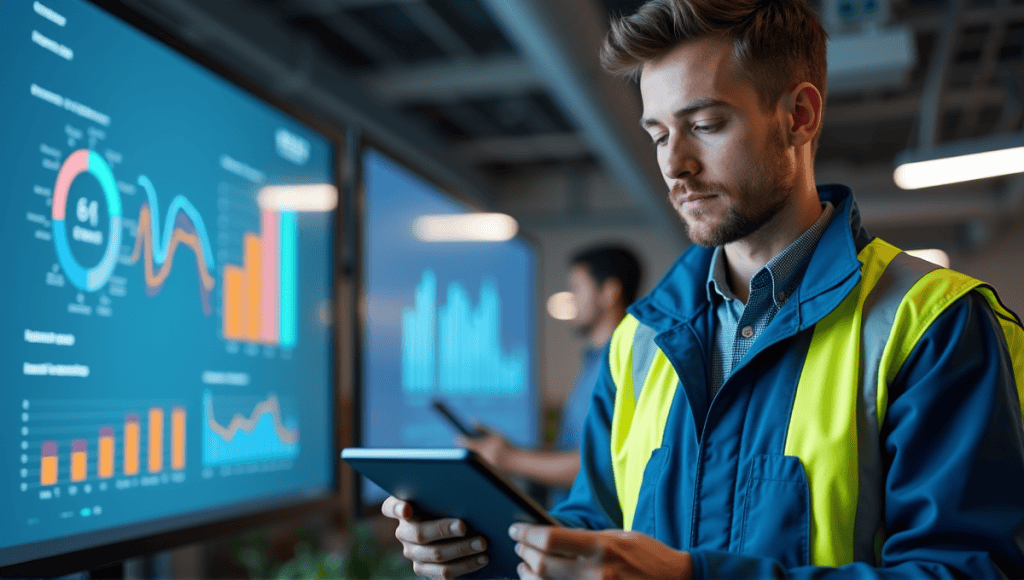 Engineer in blue overalls examines data on a tablet surrounded by charts in modern office.