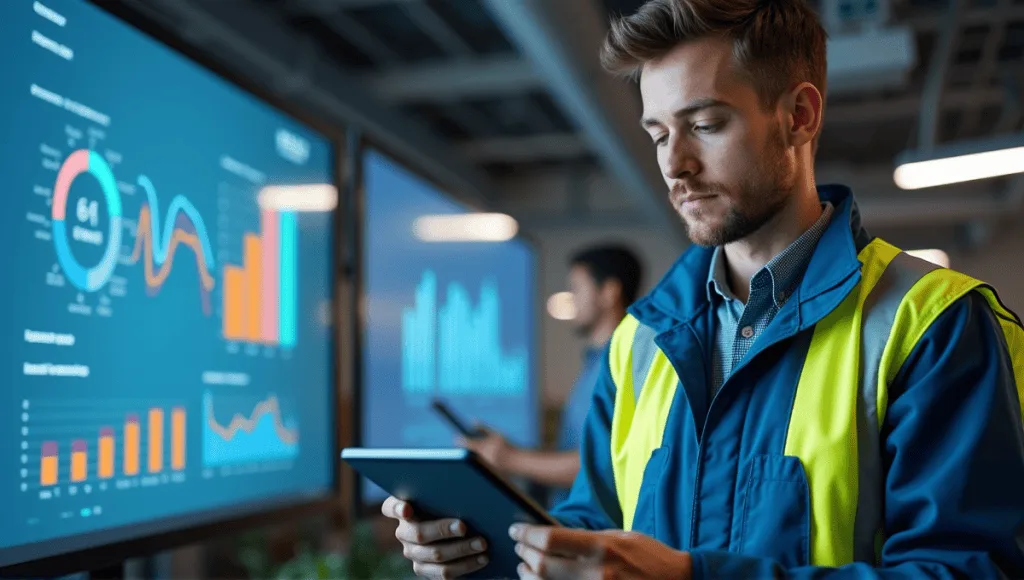 Engineer in blue overalls examines data on a tablet surrounded by charts in modern office.