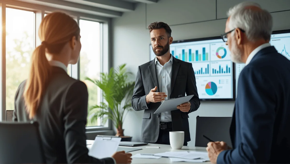 Modern office space with professionals discussing risk management tools, surrounded by charts and whiteboard.