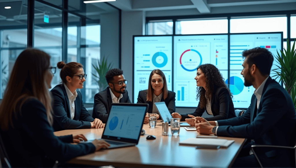 professionals collaborating in a modern office, showcasing data science and technology.