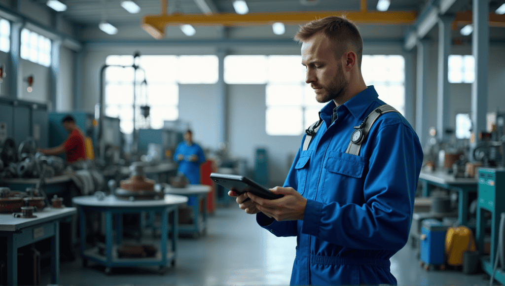 Engineer in blue overalls inspecting machinery, emphasizing quality assurance and attention to detail.