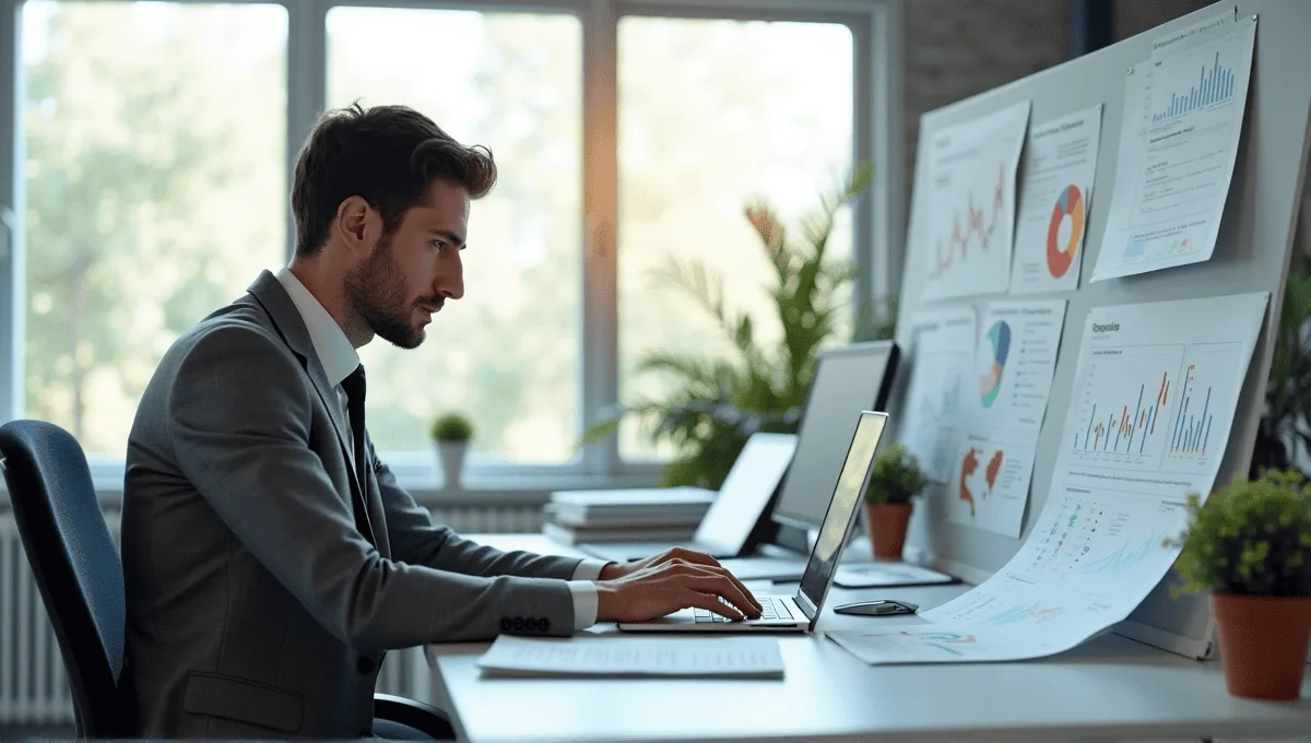 Office worker in gray suit at modern desk, focused on laptop with workload charts.