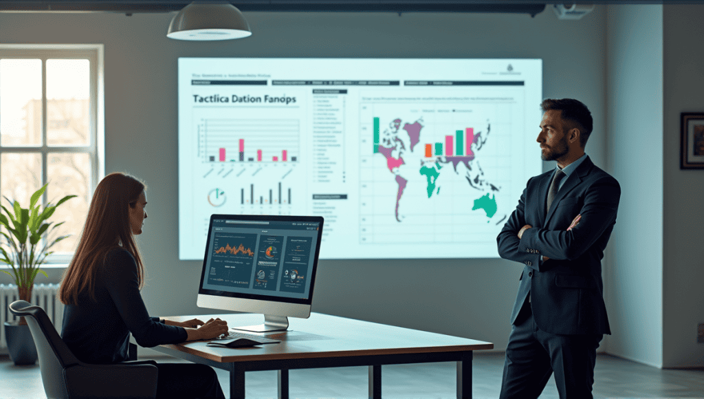 Woman analyzing data at desk, man studying strategic plan on wall in modern office.