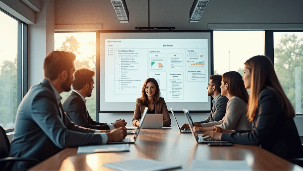 Modern meeting room with diverse professionals discussing project goals and risk assessments.