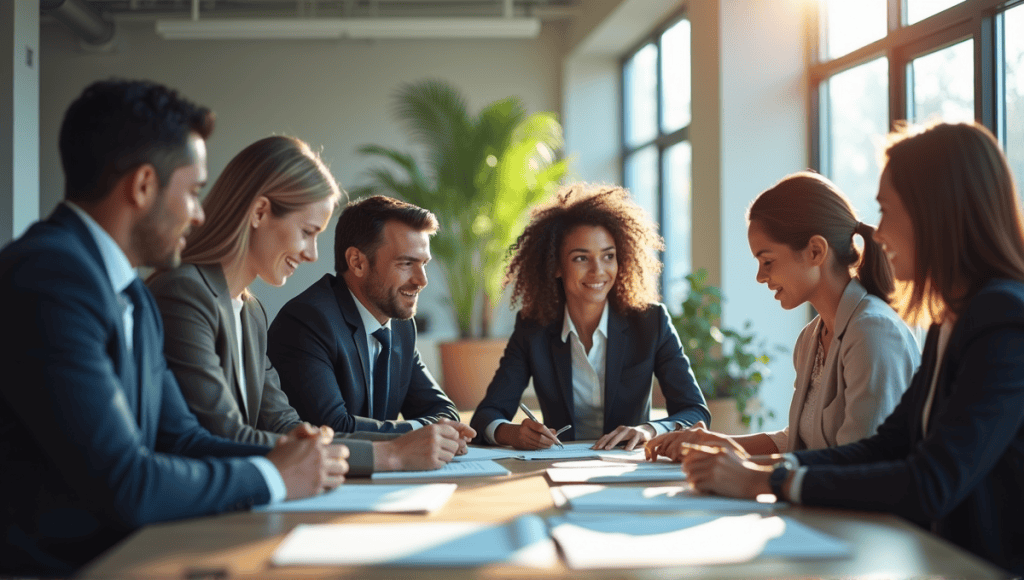 Group of professionals collaborating at a table in a modern office, focusing on leadership development.