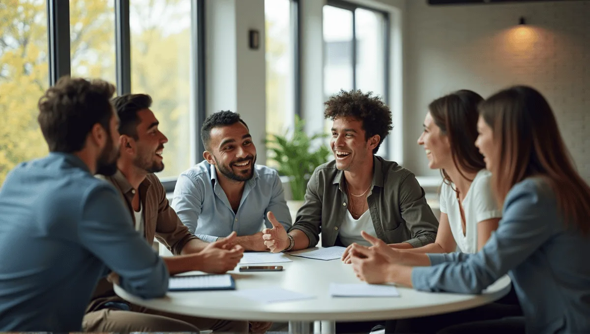 Group of colleagues engaged in lively discussion around a circular table in a modern office.